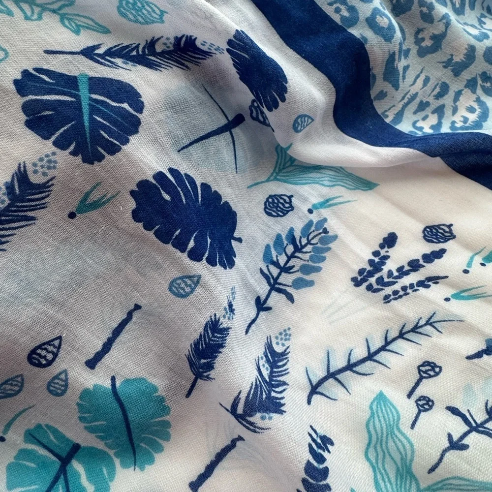 Hadley Wren Blue Botanical Floral Lightweight Boho Scarf Wrap